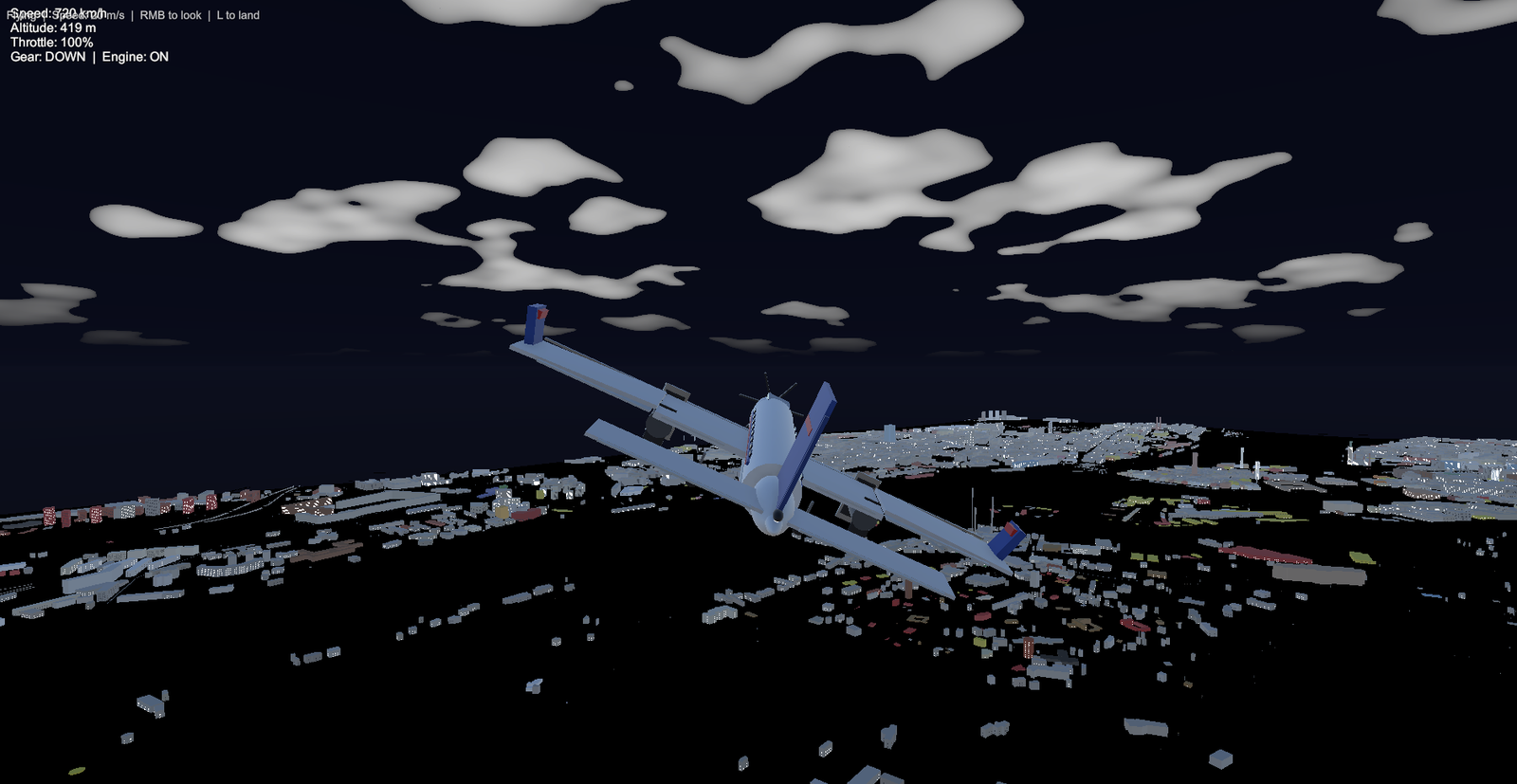 Flight simulator over a generated city at night